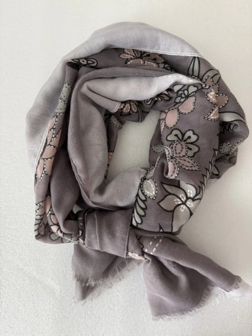 Soft Floral Scarf Wrap Grey Blush Lightweight Gauze Shawl Boho Feminine Romantic